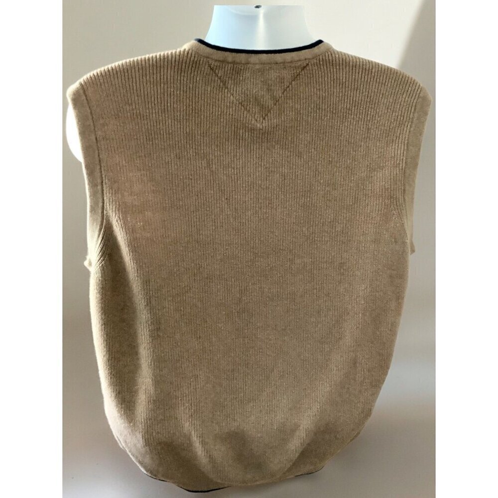 Tommy Hilfiger Sweater Vest Tan Navy Trim Cotton VNeck Casual Rib Knit Mens XL - Picture 7 of 8